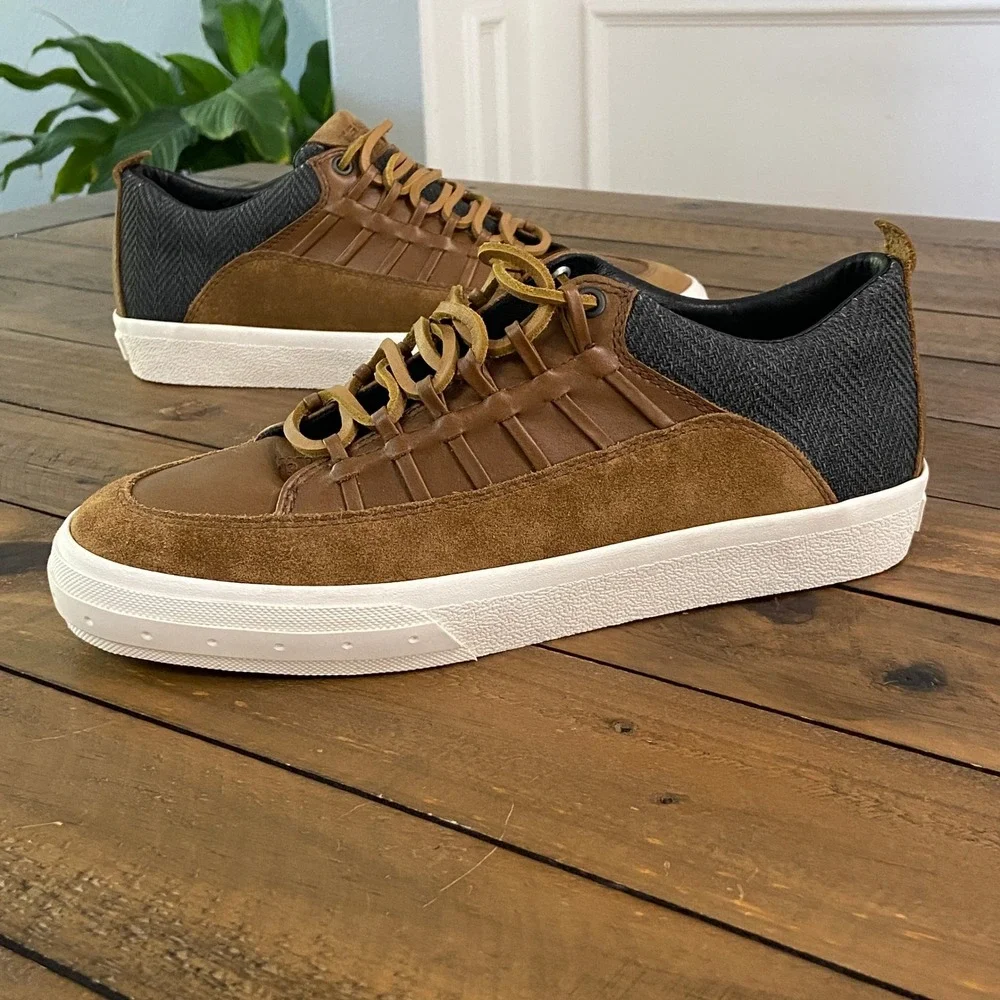Tsubo Mens Brown Leather Suede Herringbone Low Top Sneakers Size 9